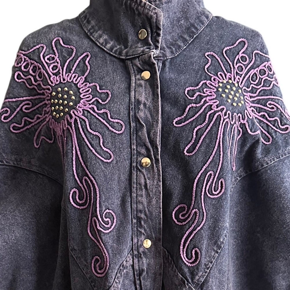Vintage Pado California Purple Acid Wash Denim Jacket Batwing Embroidered L - Picture 2 of 9
